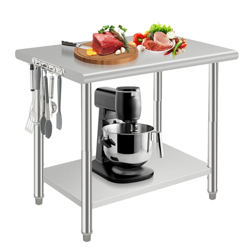 Stainless Steel Work Table, Commercial Kitchen Prep Work Table with Hooks & Adjustable Under Shelf, Heavy Duty Metal Utility Table for Restaurant, Gar
