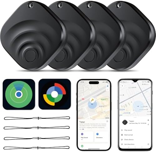 4 Pack Dual System Tracker para iOS y Android Bluetooth Tracker Etiquetas Inteligentes compatibles con Apple Find My (iOS) y Google Find Hub (Android) para Llaves, Equipaje, Billetera, vehículos