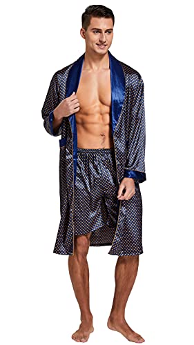 Image of TONY AND CANDICE Men's Satin Robe Lightweight Long Sleeve Silk Kimono Bathrobe with Shorts Set Sleepwear