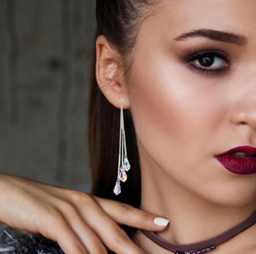 Savlano 14k White Gold Plated Aurora Borealis Drop Tear Cut Austrian Rainbow Multicolor Crystal Tear Drop Cut Stud Dangle Earrings For Women3