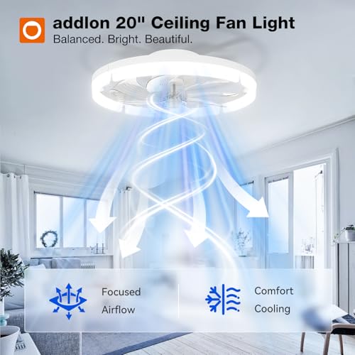Image of addlon Ceiling Fans with Lights and Remote, 20'' Low Profile Ceiling Fans, 3000-6000K Dimmable Modern Flush Mount LED Fan Light, Fandelier Ceiling Fan for Bedroom, Kitchen, Living Room, White