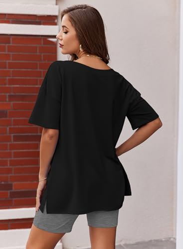 Image of Ekouaer Womens Pajamas 2 Piece Lounge Sets Oversized V Neck T-Shirts Tops Biker Shorts Set Workout Reversible Tracksuit S-XXL
