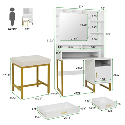 Tolead Vanity Set With Lighted Mirror& Stool, Elegant Makeup Vanity Dressing Table With 9 Led Lights And 2 Drawers & Storage Shelves And Cabinet For Women Girls ,Makeup Desk For Bedroom, White&Gold #TOP5