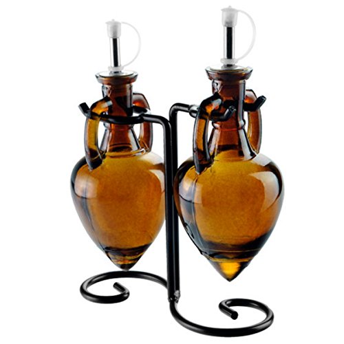 Amber Brown G219VF Olive Oil Vinegar or Dish Wash Soap Dispensers, Decorative Colored Glass Cruet Bottles with Cork, Spout and Black Metal Stand. Romantic Decor & More