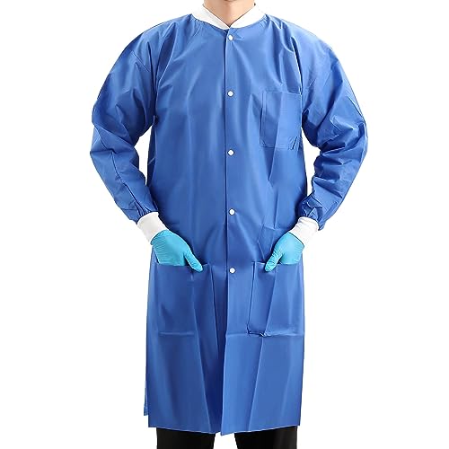 JMU 10 Pack Disposable Lab Coats for Adult Large, SMS Medical Lab Jacket Knee Length with Knit Cuff & Collar, 3 Pockets