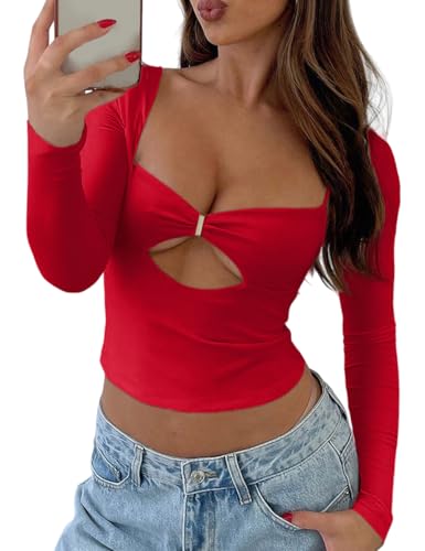 Image of FAIMILORY Women's Trendy Holiday Long Sleeve Sweetheart Neck Going Out Crop Tops Cute y2k T Shirts Slim Fitted Corset