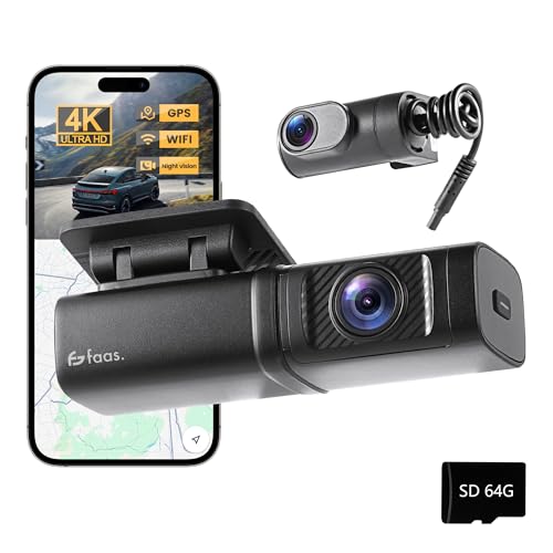 Faas Dashcam Coche Delantero & Trasero – Dashcam Dual 4K – 64GB Micro-SD – G-Sensor, Time-Lapse & Visión Nocturna – Modo Aparcamiento & Grabación en Bucle – Negro