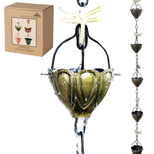 8.5 ft Dragonfly Cups Antique Treated Aluminum, to Replace Roof Gutter Downspout, with Installation Kit, Rainwater Catcher/Water Diverter, JAS8004AB