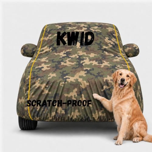 Image of Waterproof Car Cover for Kwid | Soft Cotton Lining Heavy Duty Triple Stitched Heat Resistant Outdoor Cover Comes with Mirror and Antenna Pocket Full Bottom Elastic (Jungle)