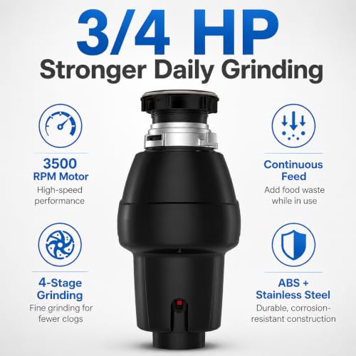 Garvee Garbage Disposal for Kitchen Sink, Matte Black Food Waste Disposer with Air Switch, 3/4 HP Continuous Feed, 3500 RPM 4-Stage Grinding, ABS and Stainless Steel Under Sink Unit for Home Use by Garvee - Used condition - Image 2