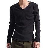 [valletta] バレッタ ランダムテレコ Vネック 長袖 メンズ Tシャツ 無地 ストレッチ カットソー インナー ロンT M ブラック【長袖】