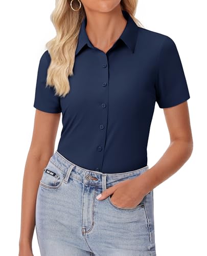 Image of siliteelon Womens Button Down Shirt Slim Fit Stretch Short Sleeve Dress Shirt Wrinkle Free Collared Business Work Blouse Top