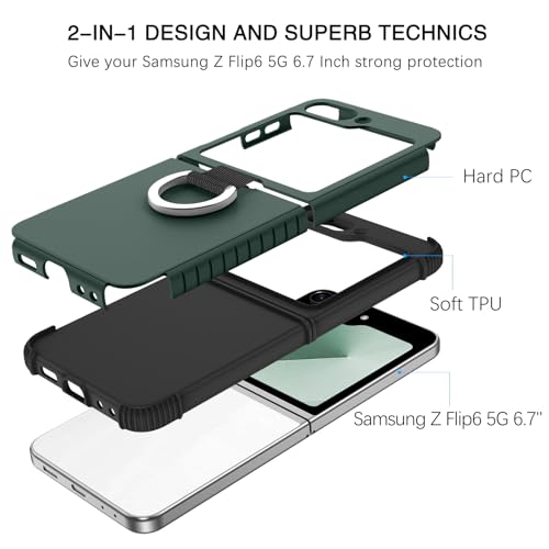 Image of BENTOBEN for Samsung Galaxy Z Flip 6 5G Case with Ring, Heavy Duty 2 in 1 Full Body Rugged Galaxy Z Flip6 Case Girls Women Boy Men Shockproof Protection Cover for Samsung Z Flip 6 6.7 inch,Midnight Green