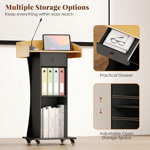 Podium Stand with Metal Wheels Wooden Lectern Podium Stand Portable Pulpit Standing with Storage Mobile Reception Podiums for Church Office School Conference Restaurant Meeting,Wood+Black - Thumbnail 5