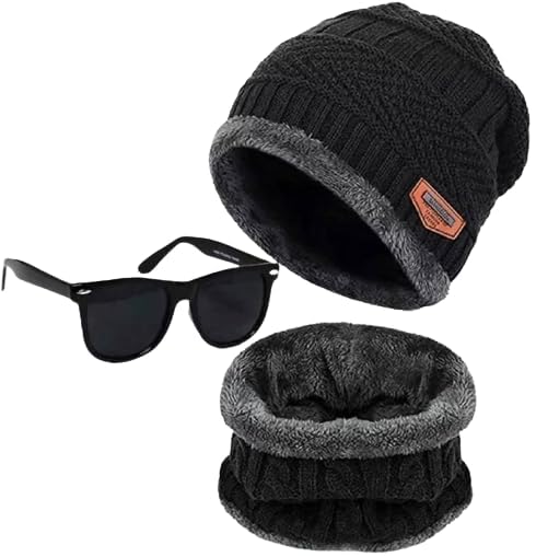 Winter Knit Beanie Cap Hat Muffler Scarf Beanie/Skull Cap & Neck Warmer (Muffler) Aviator Black Sunglasses Combo for Hedging Hat Scarf Set |Air Proof Cap Pack of 2-image-14