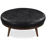 POLY & BARK Gio Ottoman – 30” Round with Feather-Down Topper – Full-Grain Leather Upholstery – Couch Ottoman for Living Room – Italian Leather in Onyx Black
