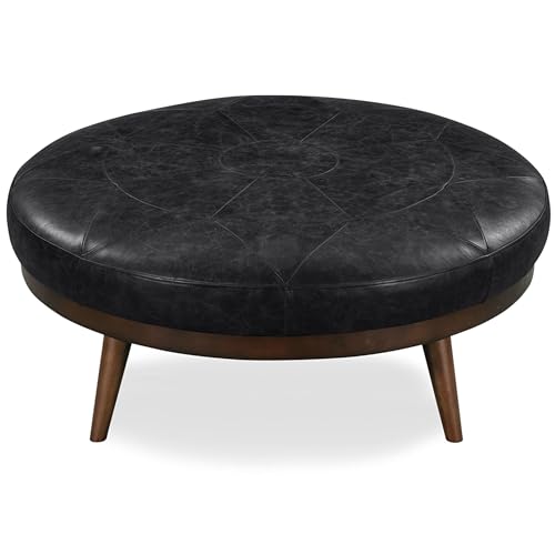 Image of POLY & BARK Gio Ottoman - 30 inch Round with Feather-Down Topper - Full-Grain Leather Upholstery - Couch Ottoman for Living Room - Italian Leather in Onyx Black