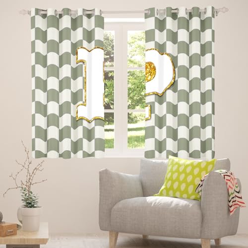 Image of Erosebridal Sage Green Checkered Window Curtains 42 inch Wx90 L Plaid Initial P Blackout Curtains for Bedroom Living Room,Personalized Monogram Window Treatments Grids Gingham Drapes Decor 2 Panels