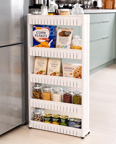 Image of JD Fresh 5-Tier Slim Rolling Storage Organizer Rack /Fridge Side Storage Rack /Plastic Trolley Storage Stand with Wheels /Floor Standing Cabinet for Bathroom and Kitchen Corner Area (White)