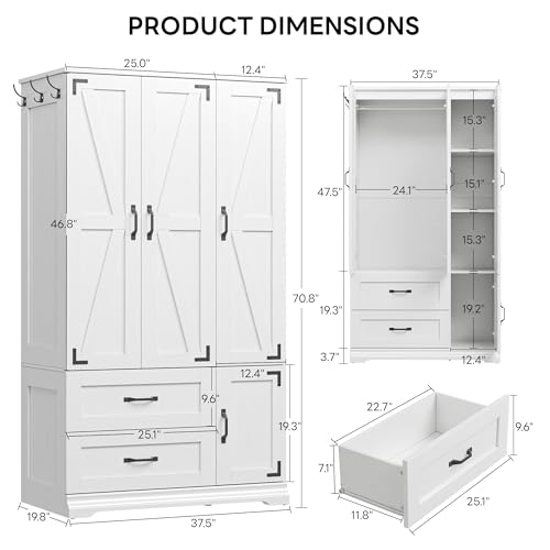 LIKIMIO Armoire Wardrobe Closet 71\" H, Bedroom Wooden Wardrobe with 4 Doors and 2 Drawers, Farmhouse Clothing Storage Cabinet Combination with Hanging Rod, Shelves, and Hooks, White