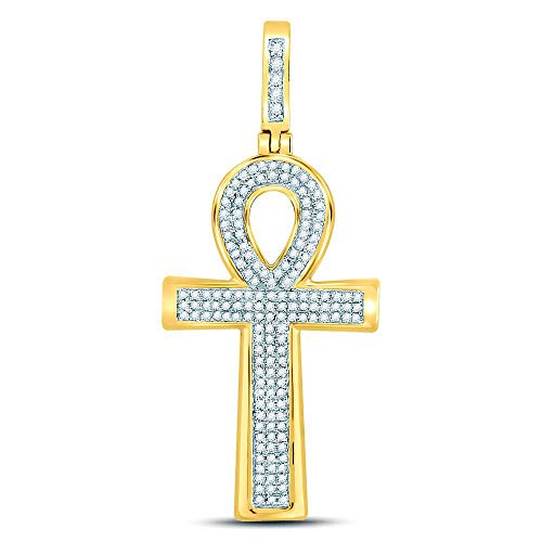 Solid 10k Yellow Gold Men s Round Diamond Ankh Cross Charm Pendant 1 3 Ct.