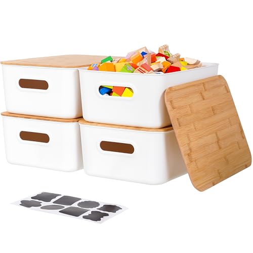 Citylife 4 PCS Storage Bins with Bamboo Lids Plastic Storage Containers for Organizing Stackable Storage Box with Handle, 15.12 x 10.67 x 5.98 inch