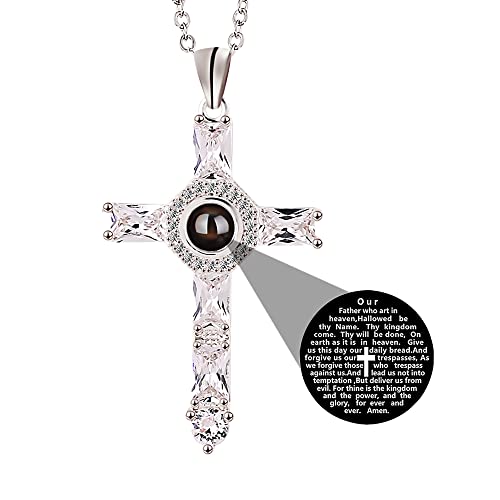 Cross Necklace with Bible Verse Lord's Prayer Projection Pendant Necklace Christian Cross Bible Verse Prayer Statement Religious Jewelry Gift for Men Women