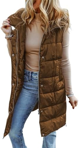 EVALESS Long Puffer Vest Women Fashion Quilted Hooded Sleeveless Zip Up Down Vest Fall 2024 Lightweight Button Down Jacket Winter Warm Gilet Coat Outerwear with Pockets Brown Medium