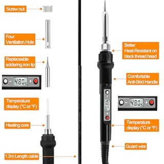 Soldering Iron Kit, 80W LCD Adjustable Temperature 180-520°C, 13 in 1 Electric Soldering Iron Kit Welding Tool, 5 Soldering Tips, Desoldering Pump, Wire Stripper Cutter, Stand, Tweezer