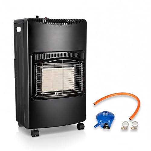 Straame Mobile Gas Heater 4.2kW – Foldable Indoor Butane Heater with 3 Heat Settings, Push-Button Ignition, ODS & Anti-Tilt Safety – Fits 13/15kg Cylinder, Regulator & Hose Included, with Castors