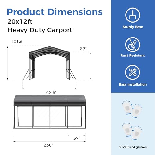 Image of AirWire Carport Canopy 12'X20' Heavy Duty Car Port Galvanized Steel Roof, Reinforced Stable Triangle Frame for Snowy Windy Metal Carports Enhanced Base Car Tent for Car,RV,Pickup,Boat,Truck,Tractor