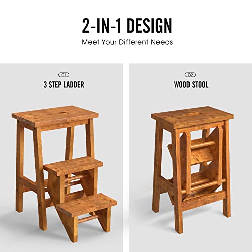 image for Giantex Folding 3 Tier Step Ladder, Multifunction 3-in-1 Wood Step Sto