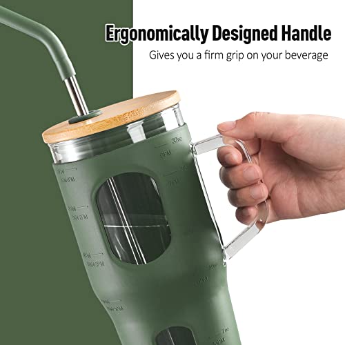 Vokovo 32 Oz Glass Tumbler With Bamboo Lid And Straw, Glass Water Bottles With Handle Reusable Cup With Time Marker And Silicone Sleeve For Iced Coffee, Fits In Cup Holder Spill Proof Bpa Free, Olive #TOP5