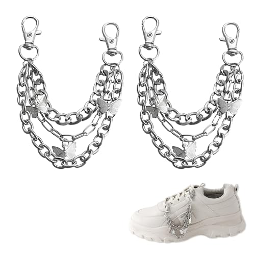NIIIYTYB 2Pcs Shoe Chains for Sneakers and Boots Silver Alloy Shoelace Accessories Gothic Butterfly Charms 3-Strand Curb Chains Stylish Sneaker Jewelry Lobster Claw Clip Decorations for Women’s Shoes
