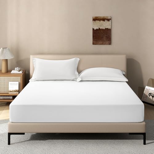 Image of White Fitted Sheet,King Size Fitted Sheet with Deep Pocket 18 inch,Ultra Soft & Breathable FittedSheet Easily Fits 18 inch to 24 inch Mattress