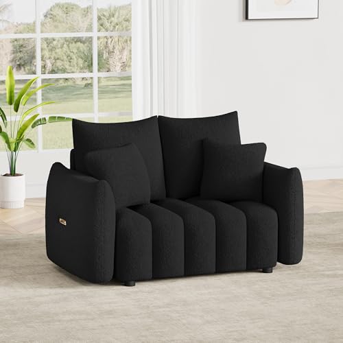 Image of OUYESSIR 56 inch Modern Sofa Couch, Comfy Deep Seat Teddy Cloud Sofa, Upholstered 2-Seater Boucle Couch, Oversized Loveseat for Living Room, Bedroom, Office, Apartment, Black