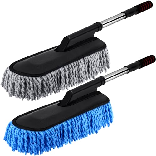 Tanlade 2 Pack Microfiber Car Duster Exterior Scratch Free with Extendable Handle Soft Car Duster Kit for Cleaning Dust Brush Set for Exterior Interior Cleaning Tools (Blue Gray)