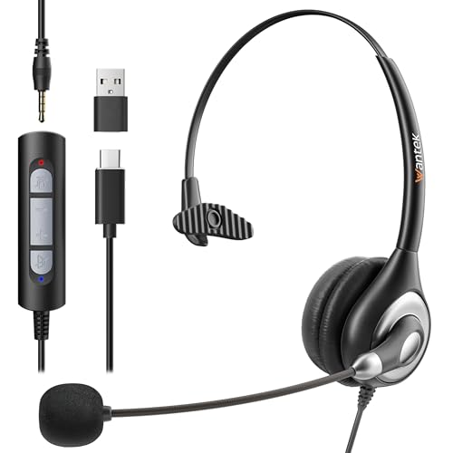 Wantek Auriculares con micrófono 601N, Auriculares 3.5mm/Type-C/USB para reuniones de Equipos de teléfonos Inteligentes de tabletas de computadoras portátiles