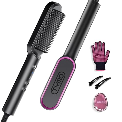 TYMO Hair Straightener Brush UK Flat Iron and Hair Brush 2-in-1 Anti-Scald Fast Heating 5 Temp Settings (130-210) Professional Salon at Home Wider Comb for Even Straightening Black