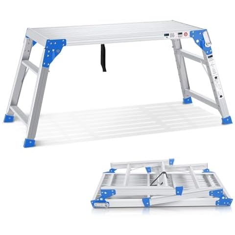 ORIENGEAR Adjustable Work Platform Support 330 lbs Height 24 to 35 inches Portable Aluminum Step Stool Folding Ladder Non Slip for Household Office Cleaning & Washing, Blue Cover