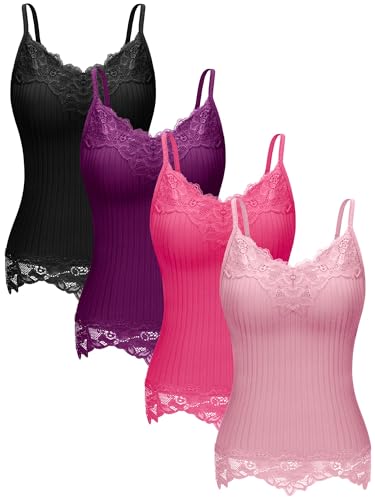 Fourluoo 4 Pcs Women's Long Lace Tank Tops lace Camisole Patchwork Tops for Women (Black,Purple,Rose Red,Pink,S)