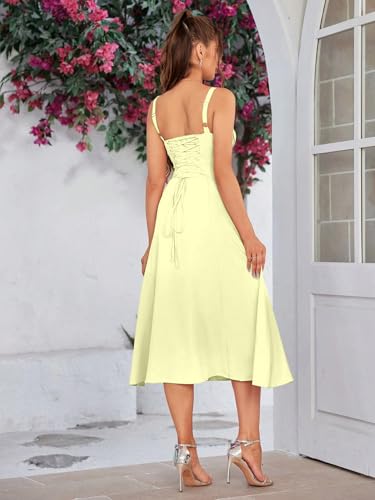 Image of Solid Lace Up Backless Ruched Boning Spaghetti Strap Slim Fit Long Cami Dress for Women's & Girl's