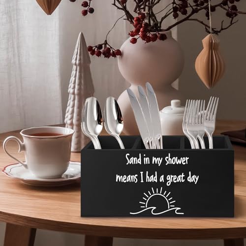 Image of Summer Beach Makeup Brush Toothbrush Holder Organizer for Bathroom Vanity, Beach Lover Gifts, Sand in My Shower Means I Had a Great Day Wooden Pen Pencil Holder for Desk Accessories