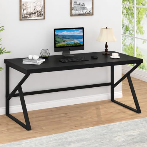Image of DESKIZIA Modern Industrial Study Table for Home & Office | Wooden Computer Desk with Strong Metal Frame | Writing Desk | Office Table | Black | 120x60x75 cm