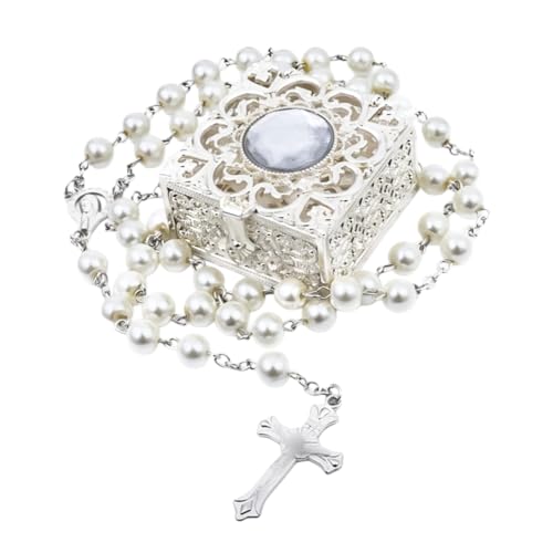 FLAFARY 8mm Rosary Beads Necklace, Rosary Beads Catholic for Men and Women Comes in a Metal Gift Box, First Communion Rosary Necklace as Gifts(White)