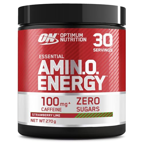 Optimum Nutrition Amino Energy Pre Workout en poudre, boisson énergisante avec acides aminés, BCAA, L-Glutamine et L-Leucine, complément vitamine C caféine, goût Fraise-Citron vert, 30 portions, 270 g