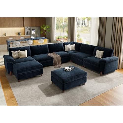 SITJOY Cloud Couch Sectional, 6 Seater V-Shaped Sofa, Chenille in Navy Blue