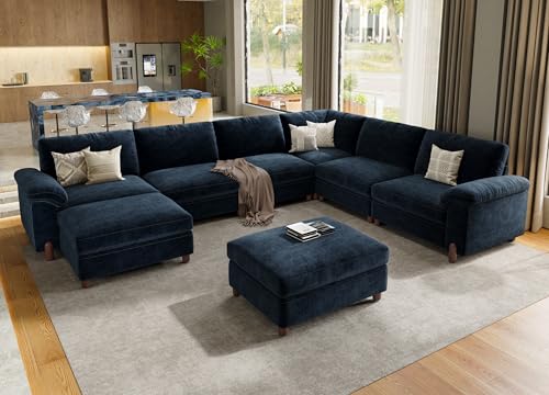 SITJOY Cloud Couch Sectional, 6 Seater V-Shaped Sofa, Chenille in Navy Blue