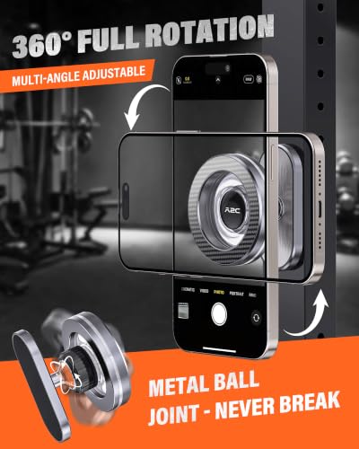 Image of APPS2Car Gym Magnetic Phone Holder, Aluminum Alloy Base & Ball Joint, Grey | 360 Adjustable Dual Magnet Phone Mount for MagSafe, Attach to Metal Surface, Gym Accessories for Workout Recording