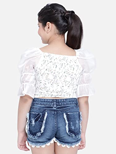 Image of Natilene White Floral Print Square-Neck Ruched Cropped Blouson Top with Short Bishop Sleeves for Girls